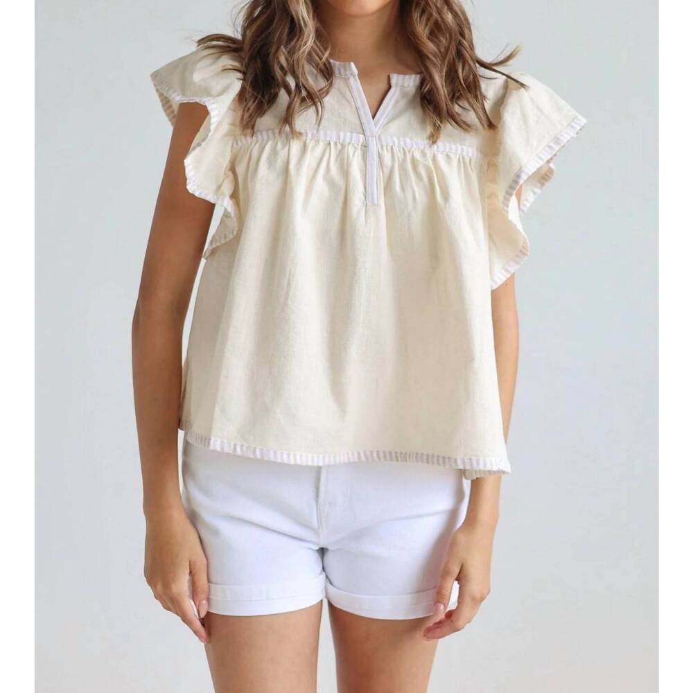 NEW IN FEBRUARY lucia flutter sleeve blouse with contrast trim in ivory